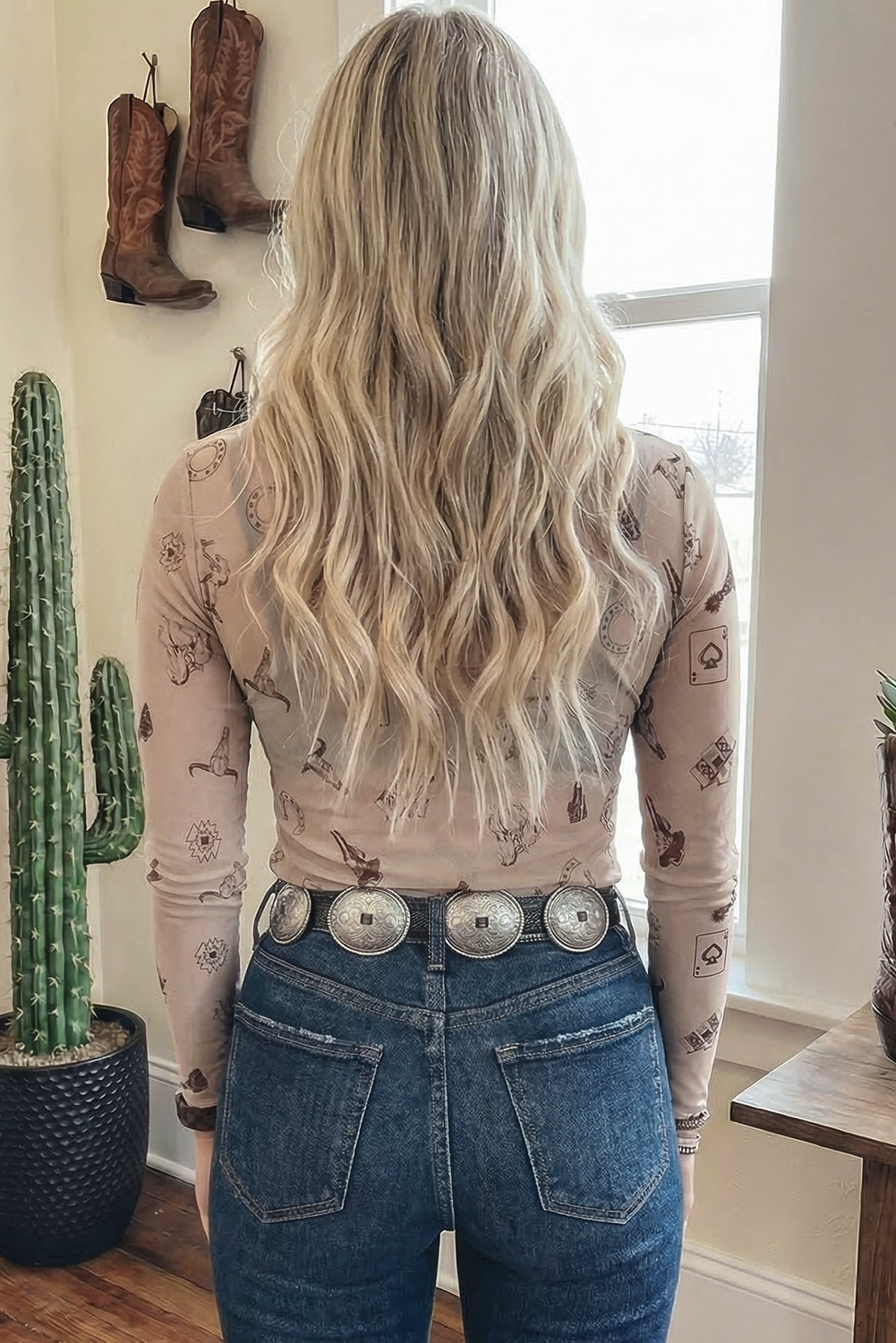 Floral Western Mesh Mock Neck Sheer Slim Fit Blouse (S-4X)