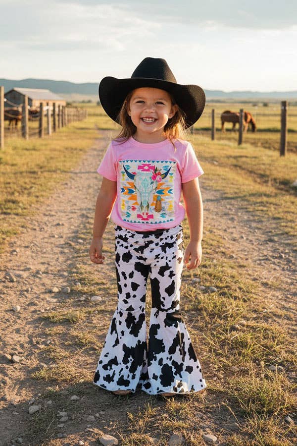 Girls’ Pink Cow Skull Aztec Print Western Tee
