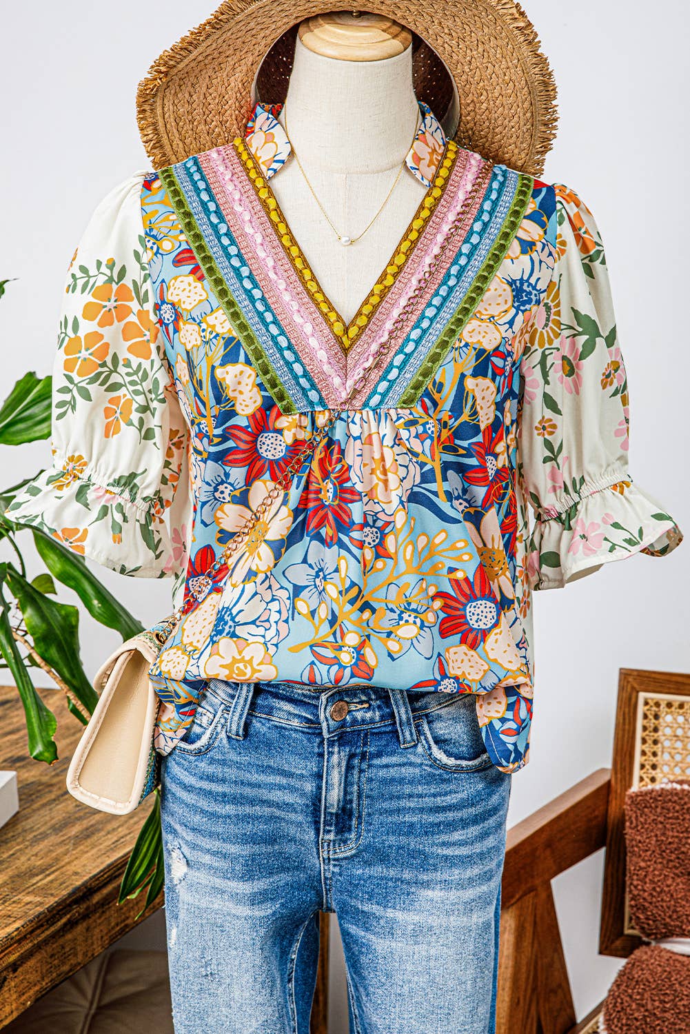 Summer Boho Crochet Floral Blouse