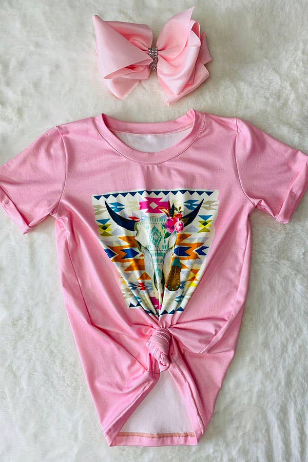 Girls’ Pink Cow Skull Aztec Print Western Tee