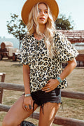 Western Leopard Bubble Sleeve Bow Tie Front Peplum Blouse