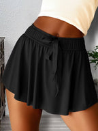 Drawstring High Waist Lined Tennis Skorts- Black S-4X