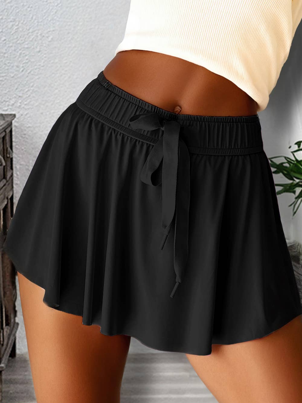 Drawstring High Waist Lined Tennis Skorts- Black S-4X