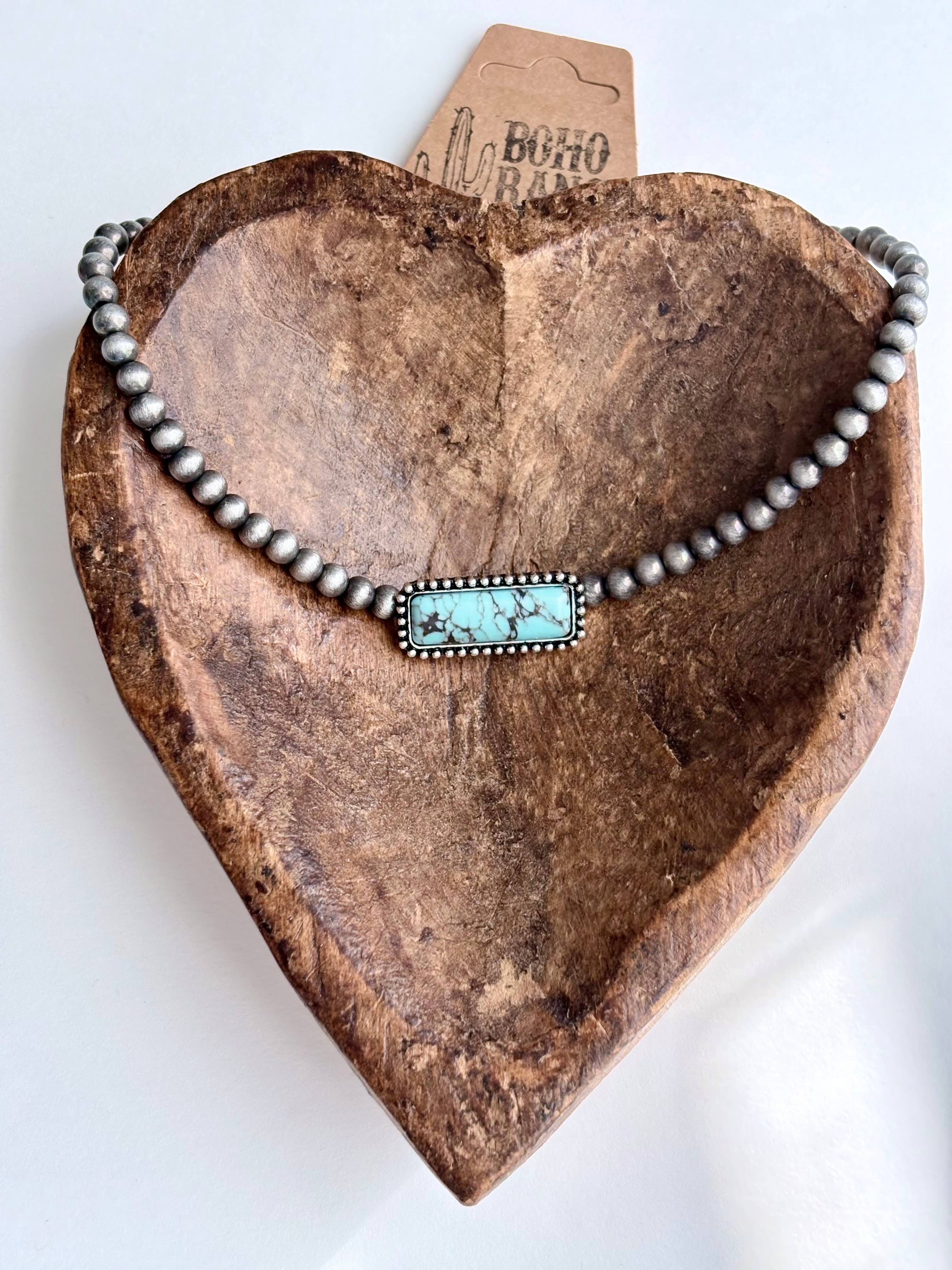 Western Turquoise Stone Pendant Navajo Pearl Choker Necklace