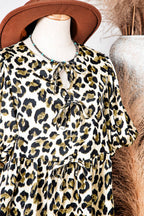 Western Leopard Bubble Sleeve Bow Tie Front Peplum Blouse