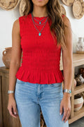 Red Shirred Sleeveless Tank Top
