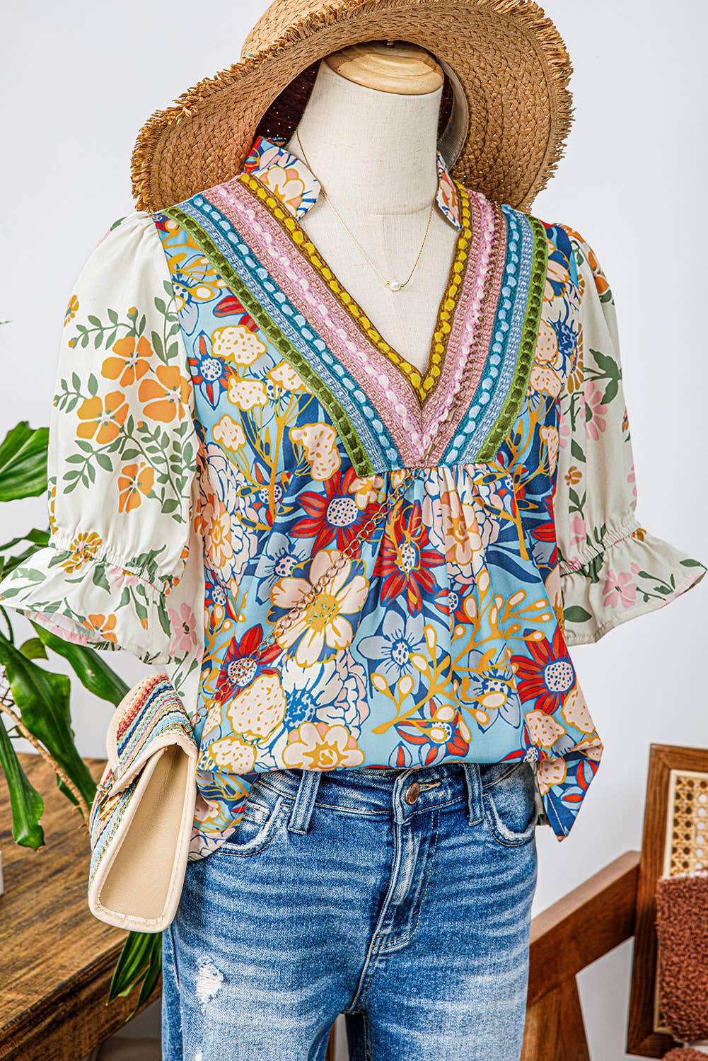 Summer Boho Crochet Floral Blouse