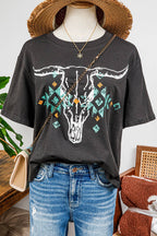 Vintage Western Bull Head Skull Turquoise Graphic T Shirt