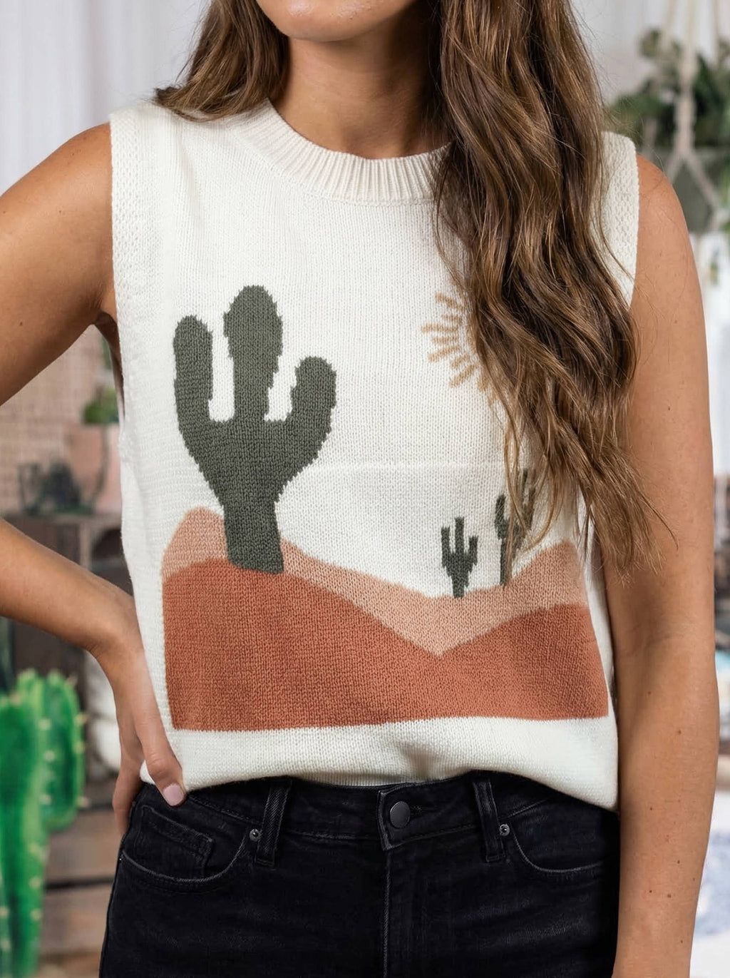 Western Print Colorblock Round Neck tank top