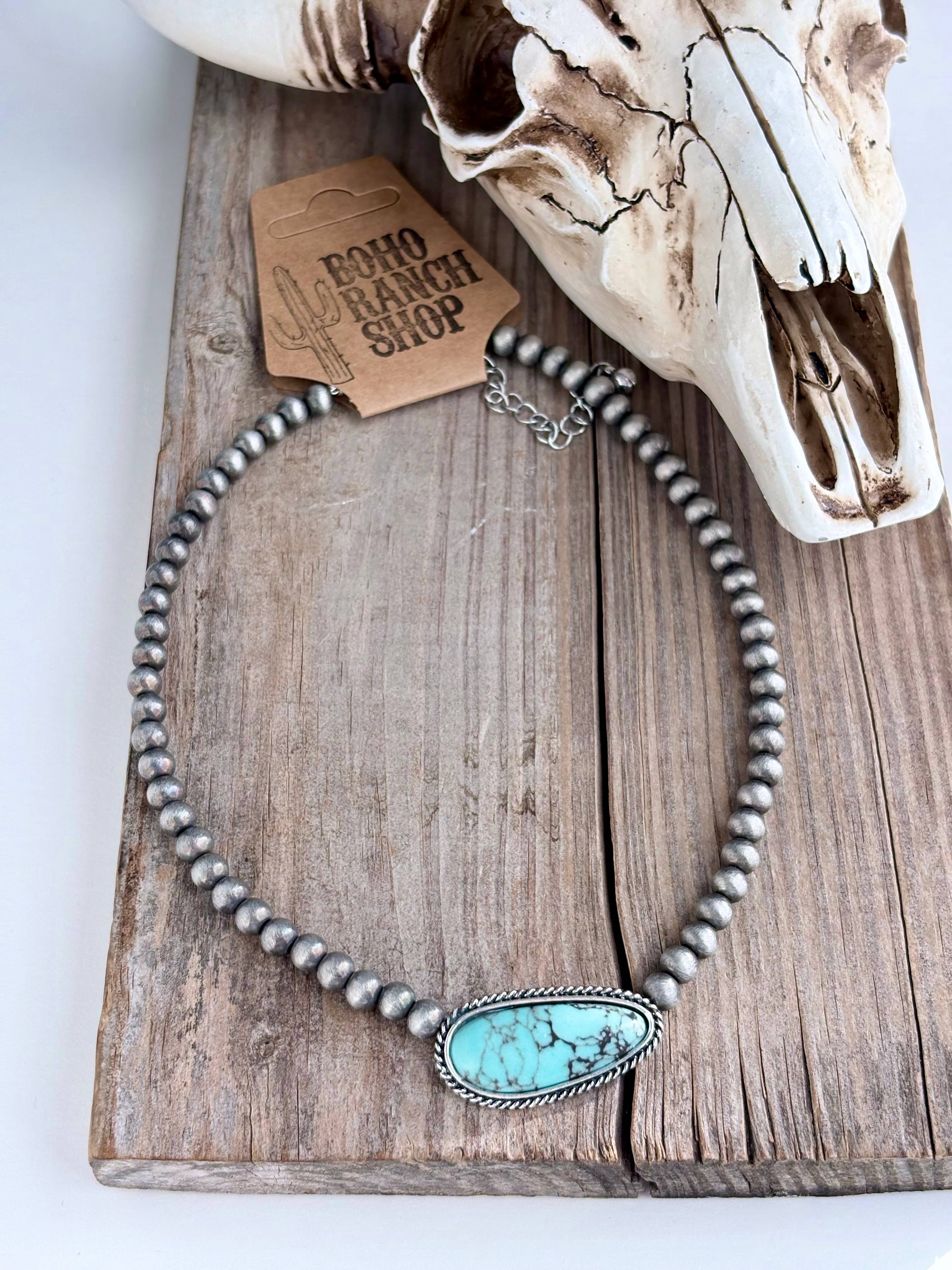 Western Turquoise Stone Pendant Navajo Pearl Choker Necklace