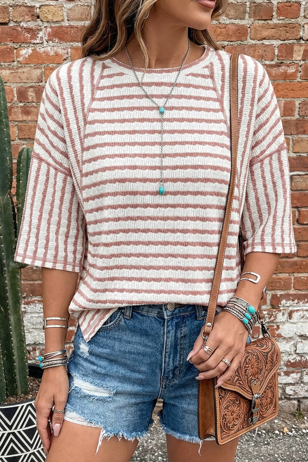 Stripe Textured Knit Split Hem Half Sleeve Loose Top *S-4X