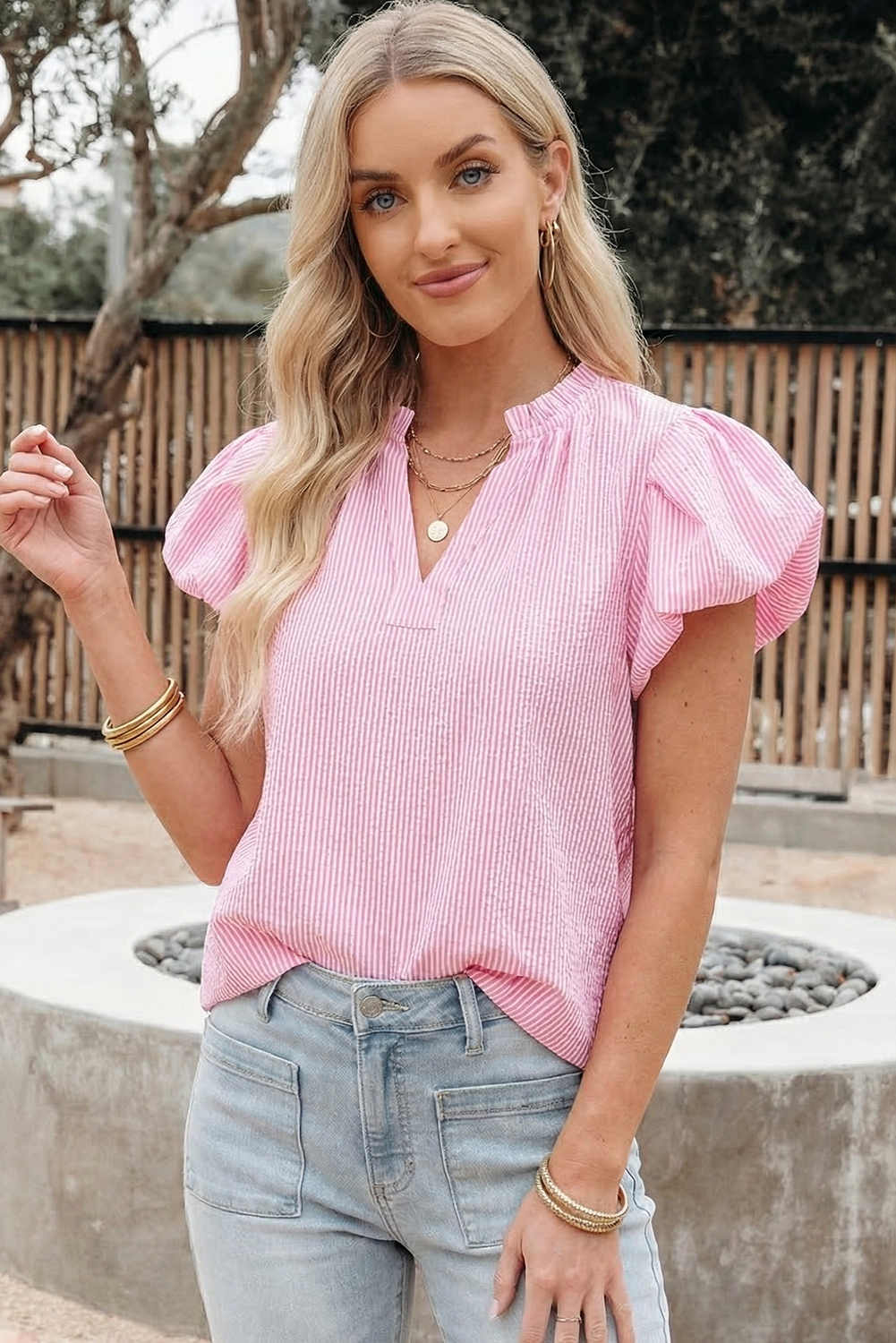 66 Stripe Short Bubble Sleeve Split V Neck Blouse (S-XL)