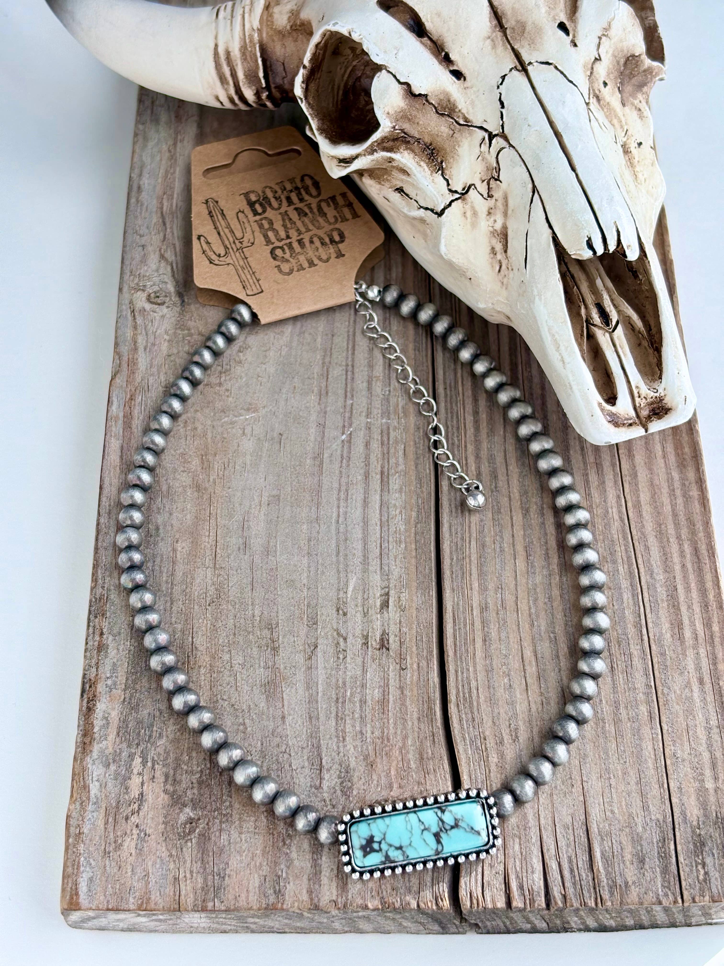 Western Turquoise Stone Pendant Navajo Pearl Choker Necklace