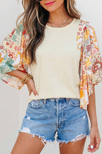 Floral Patchwork Half Batwing Sleeve Blouse | S-XL