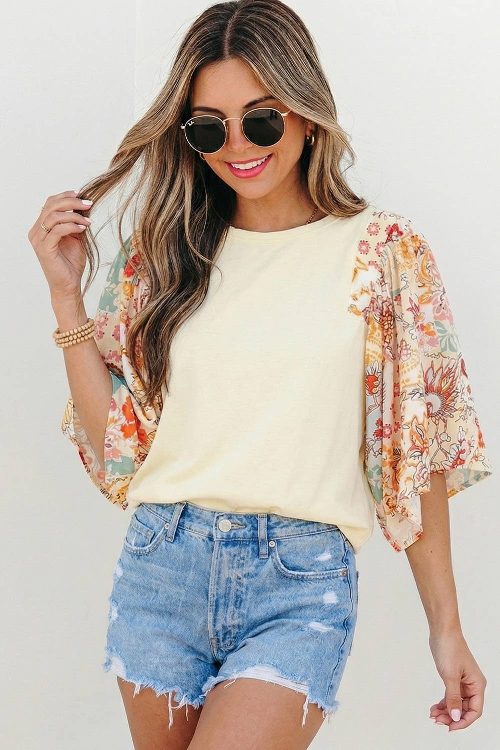 Floral Patchwork Half Batwing Sleeve Blouse | S-XL